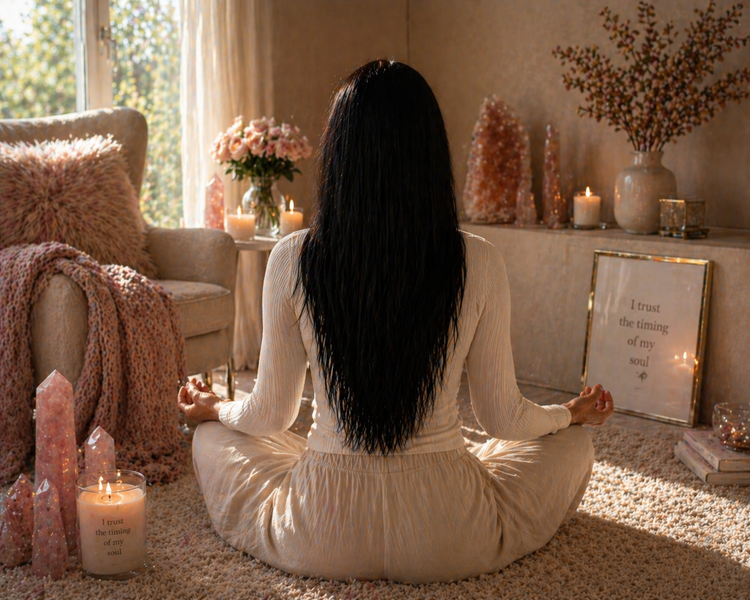 Trina Posata writing in her sacred space with pink flowers, angel statues, and candles — Spiritual Medium & Intuitive Guide